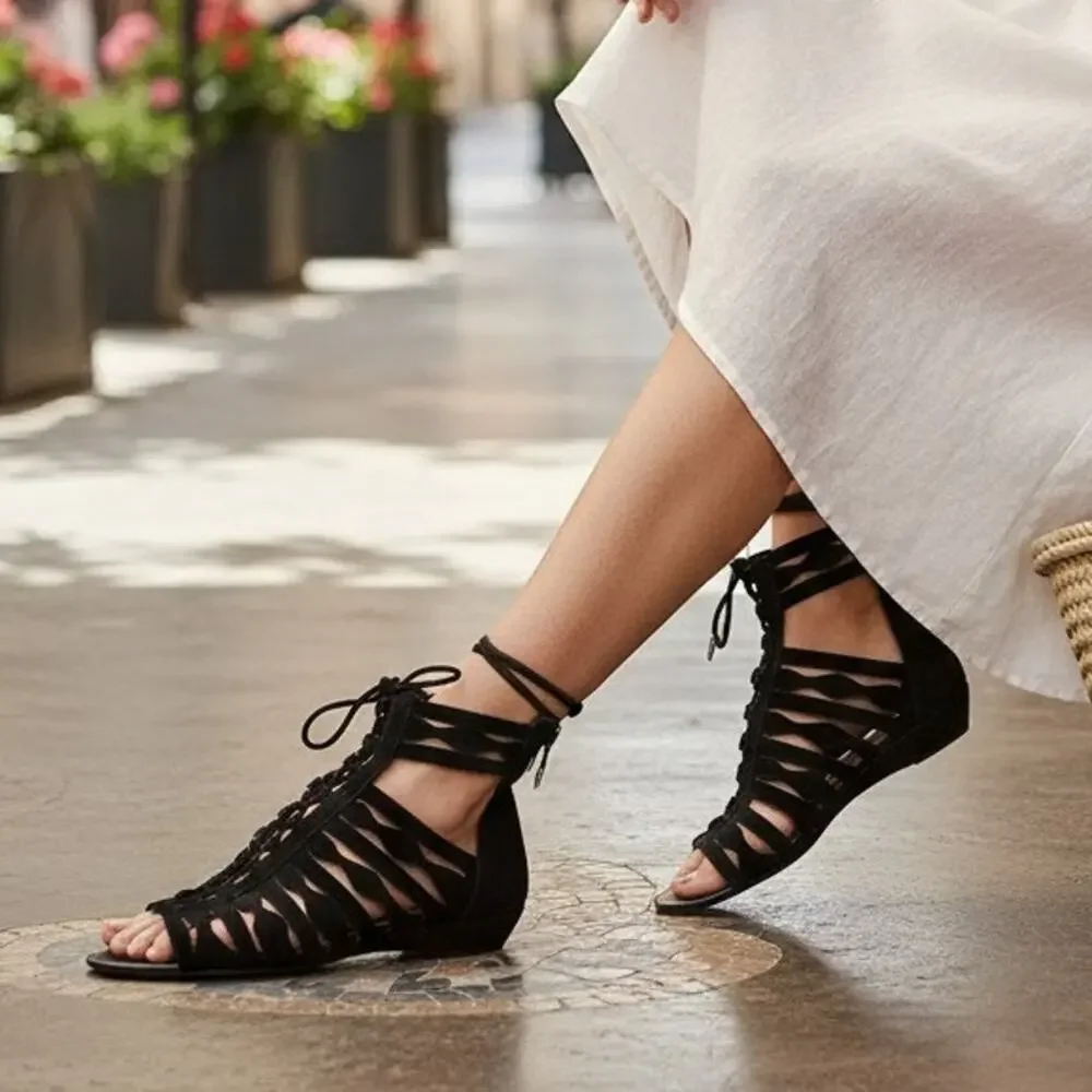 Sam Edelman Dalecee Black Suede Gladiator Sandals Womens Size 8.5 Zip Back